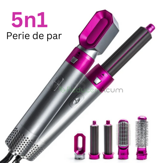 Perie de par 5in1, Aer cald, 3 Trepte temperatura, Roz/Gri
