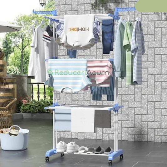 Uscator Vertical pentru Rufe si Haine, 3 niveluri, mobil, pliabil, pentru spatii mici, suport umerase, cadru rezistent, inaltime 175cm, albastru