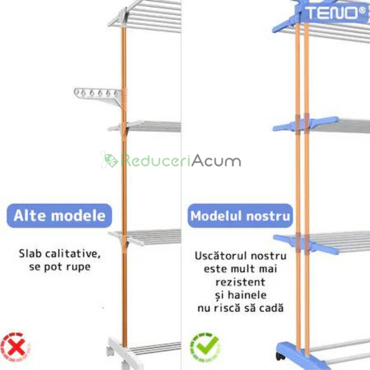 Uscator Vertical pentru Rufe si Haine, 3 niveluri, mobil, pliabil, pentru spatii mici, suport umerase, cadru rezistent, inaltime 175cm, albastru