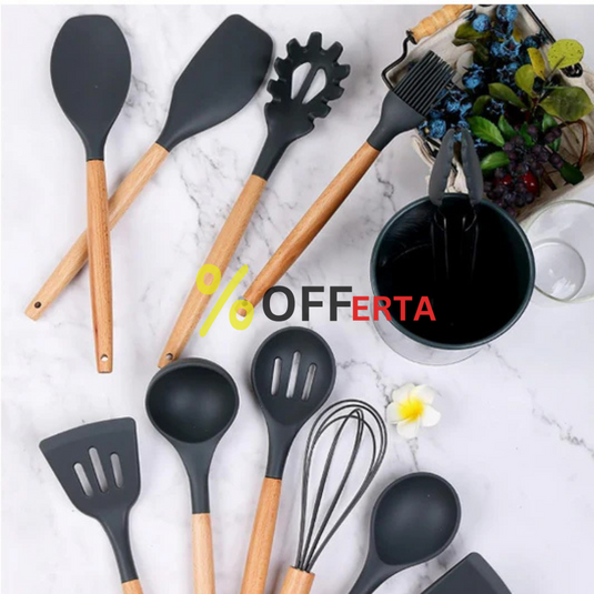 Set bucatarie de 12 ustensile de din silicon termorezistent si maner din lemn natural, GRI
