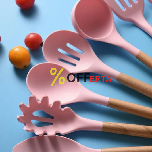 Set bucatarie de 12 ustensile de din silicon termorezistent si maner din lemn natural, GRI