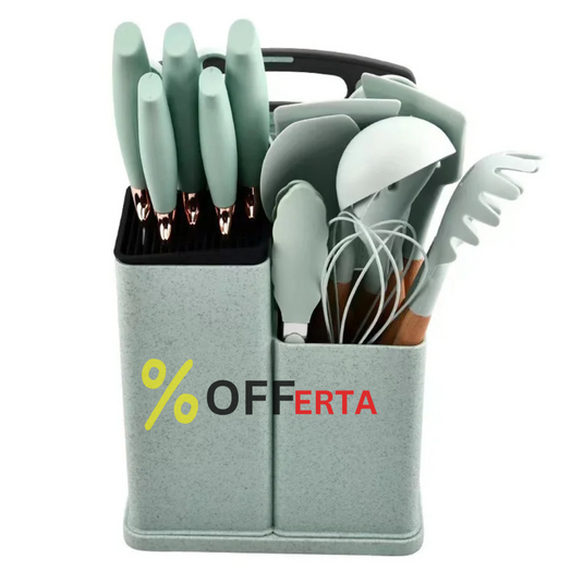 Set bucatarie de 12 ustensile de din silicon termorezistent si maner din lemn natural, GRI