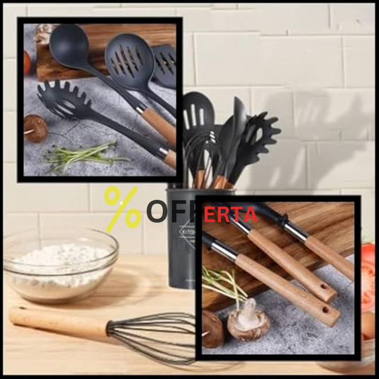 Set ustensile bucatarie 12 piese Lemn si Silicon alimentar Termorezistente Antiaderente Suport Blat negru