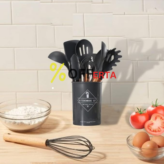 Set ustensile bucatarie 12 piese Lemn si Silicon alimentar Termorezistente Antiaderente Suport Blat negru