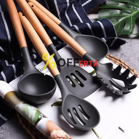 Set ustensile bucatarie 12 piese Lemn si Silicon alimentar Termorezistente Antiaderente Suport Blat negru