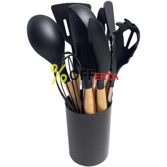Set ustensile bucatarie 12 piese Lemn si Silicon alimentar Termorezistente Antiaderente Suport Blat negru