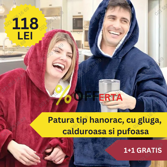 Patura tip hanorac, cu gluga, calduroasa și pufoasa 1+1 GRATIS