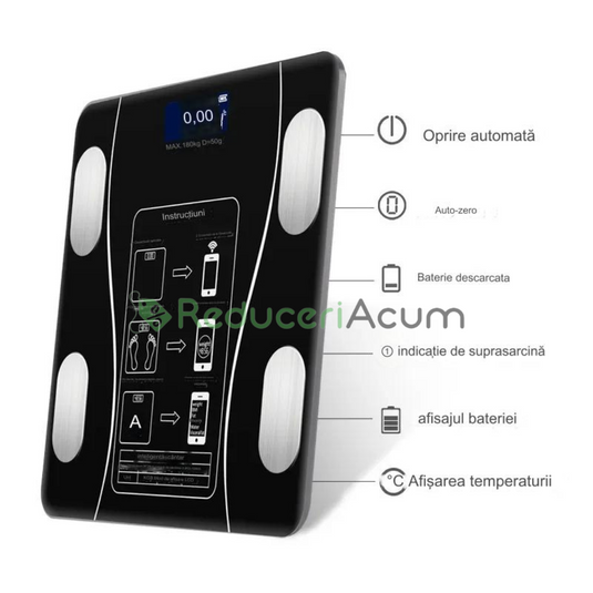 Cantar Bluetooth cu analiza corporala, display LED, sticla