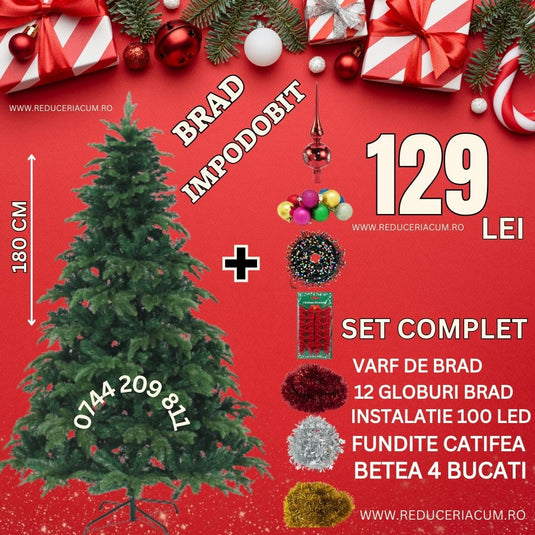 Brad de Craciun 1,8 m, Set Accesorii Pentru Impodobit Incluse, Instalatie 100 LED