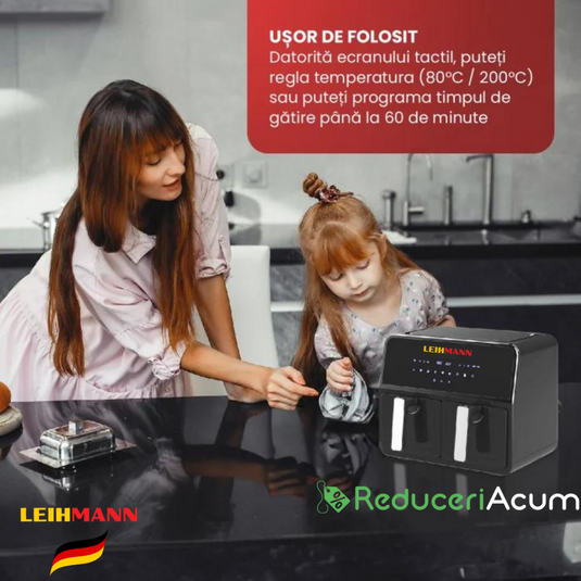 Friteuza cu aer cald 3000 W, Cos Dublu,10 litri, Termostat 80 - 200 °C, 8 programe predefinite, Negru