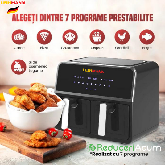 Friteuza cu aer cald 3000 W, Cos Dublu,10 litri, Termostat 80 - 200 °C, 8 programe predefinite, Negru