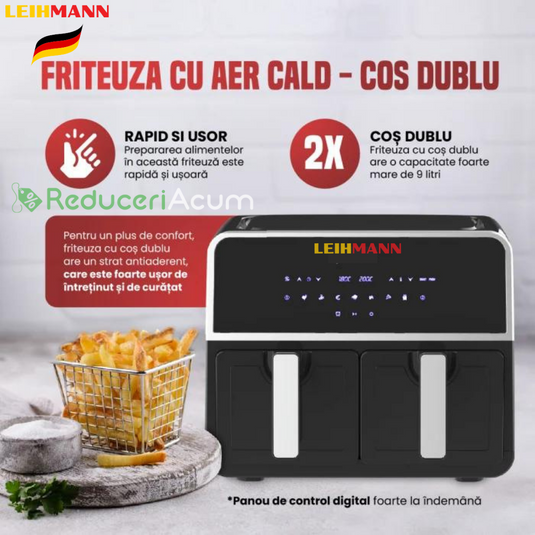 Friteuza cu aer cald 3000 W, Cos Dublu,10 litri, Termostat 80 - 200 °C, 8 programe predefinite, Negru