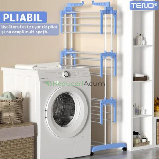 Uscator Vertical pentru Rufe si Haine, 3 niveluri, mobil, pliabil, pentru spatii mici, suport umerase, cadru rezistent, inaltime 175cm, albastru