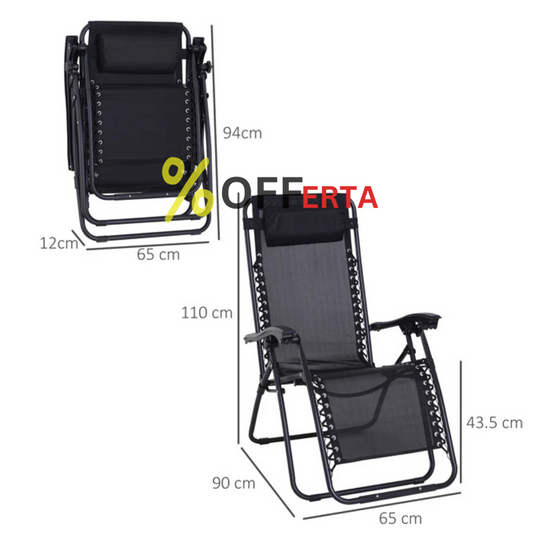 Set 2 Sezlong Scaun Pliabil din Textilen, Negru, 90x65x110cm