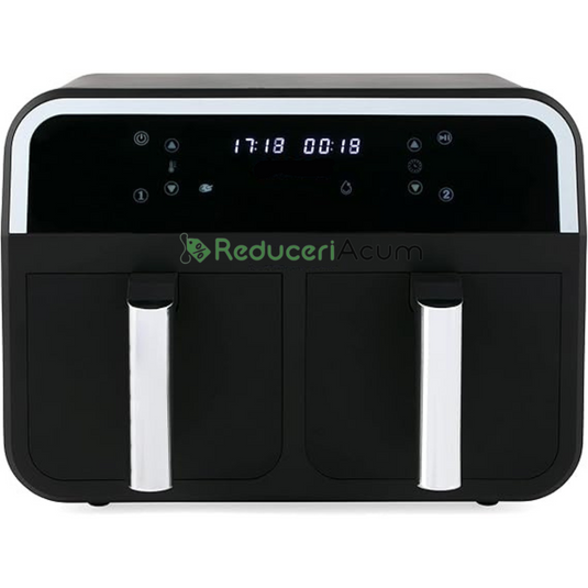 Friteuza cu aer cald 3000 W, Cos Dublu,10 litri, Termostat 80 - 200 °C, 8 programe predefinite, Negru