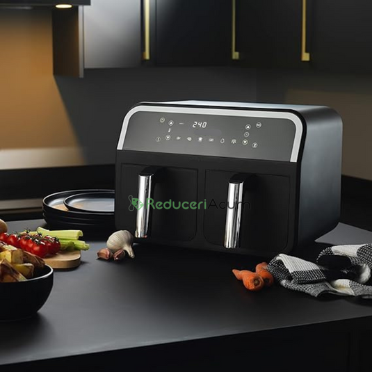Friteuza cu aer cald 3000 W, Cos Dublu,10 litri, Termostat 80 - 200 °C, 8 programe predefinite, Negru