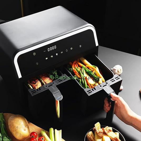 Friteuza cu aer cald 3000 W, Cos Dublu,10 litri, Termostat 80 - 200 °C, 8 programe predefinite, Negru