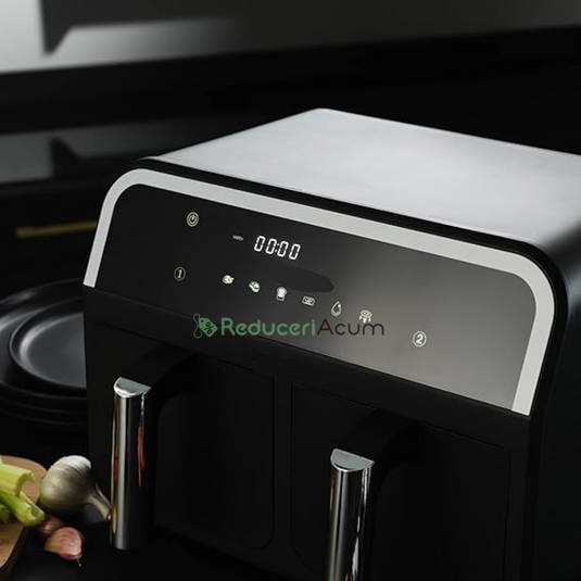 Friteuza cu aer cald 3000 W, Cos Dublu,10 litri, Termostat 80 - 200 °C, 8 programe predefinite, Negru