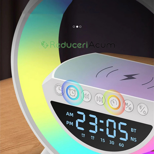Lampa LED Birou RGB cu incarcare Wireless, Bluetooth, Ceas, Alarma si USB