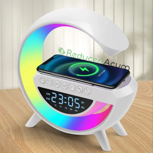 Lampa LED Birou RGB cu incarcare Wireless, Bluetooth, Ceas, Alarma si USB