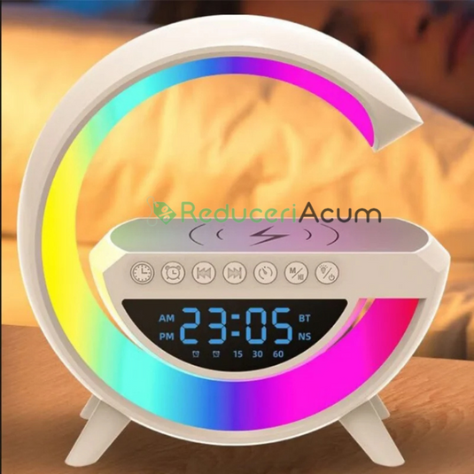Lampa LED Birou RGB cu incarcare Wireless, Bluetooth, Ceas, Alarma si USB
