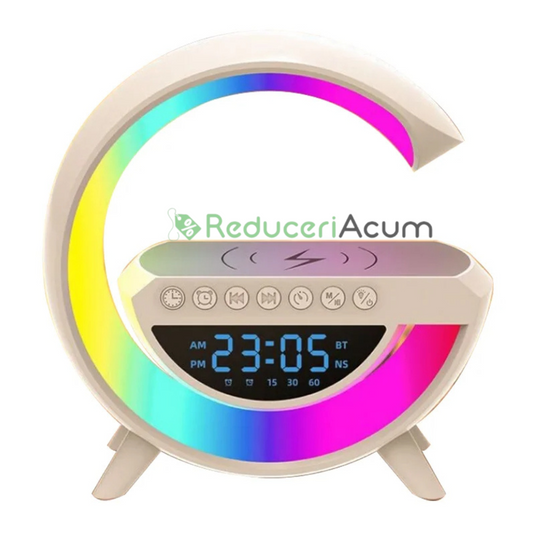 Lampa LED Birou RGB cu incarcare Wireless, Bluetooth, Ceas, Alarma si USB