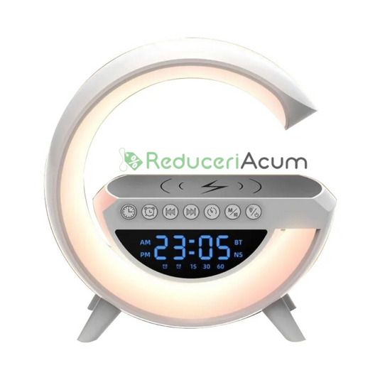 Lampa LED Birou RGB cu incarcare Wireless, Bluetooth, Ceas, Alarma si USB