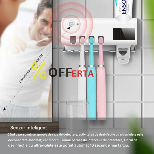 Dozator pentru pasta de dinti cu alimentare solara si sterilizator UV pentru periute