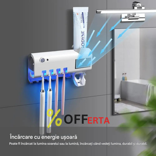 Dozator pentru pasta de dinti cu alimentare solara si sterilizator UV pentru periute