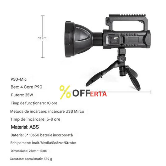 Lanterna de mana 25000 W, trepied, 4 moduri iluminare, Lumina 500 ,M
