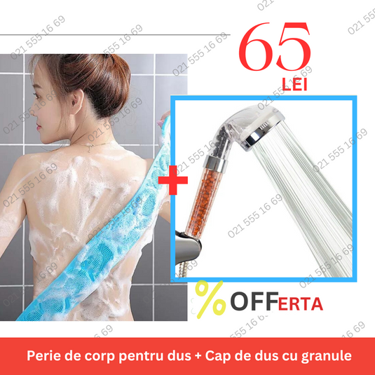 Pachet! Perie de corp pentru dus + Cap de dus cu granule