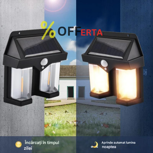 SET 2X Lampa solara de perete dubla CB 228 tip felinar, decorativ, de perete