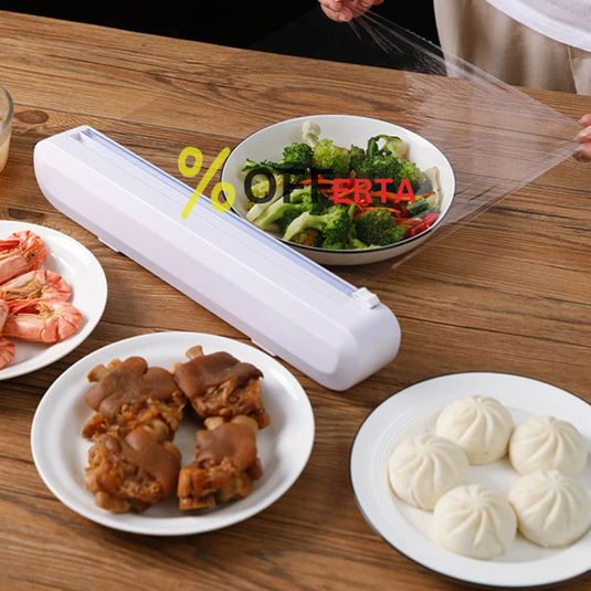 Dispenser folie alimentara stretch, cu ventuze si dispozitiv de taiere