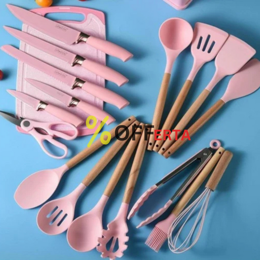 Set bucatarie de 12 ustensile de din silicon termorezistent si maner din lemn natural, GRI