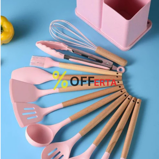 Set bucatarie de 12 ustensile de din silicon termorezistent si maner din lemn natural, GRI
