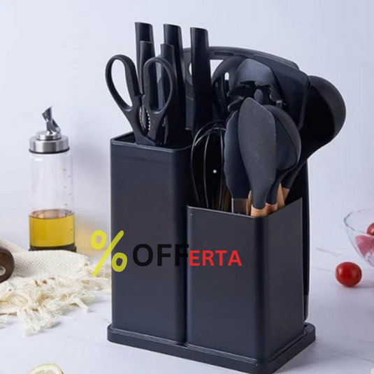 Set bucatarie de 12 ustensile de din silicon termorezistent si maner din lemn natural, GRI