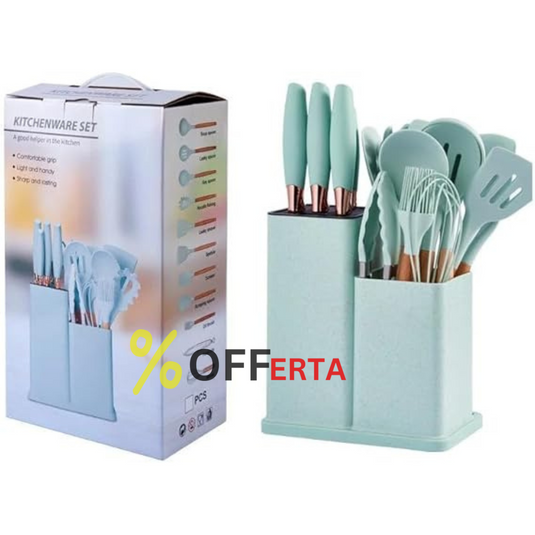 Set bucatarie de 12 ustensile de din silicon termorezistent si maner din lemn natural, GRI