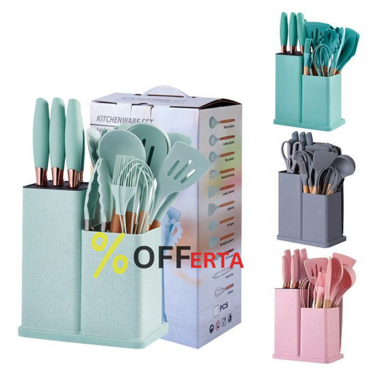 Set bucatarie de 12 ustensile de din silicon termorezistent si maner din lemn natural, GRI