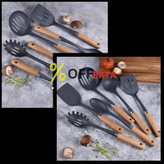 Set ustensile bucatarie 12 piese Lemn si Silicon alimentar Termorezistente Antiaderente Suport Blat negru