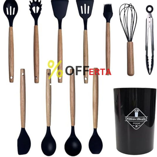 Set ustensile bucatarie 12 piese Lemn si Silicon alimentar Termorezistente Antiaderente Suport Blat negru
