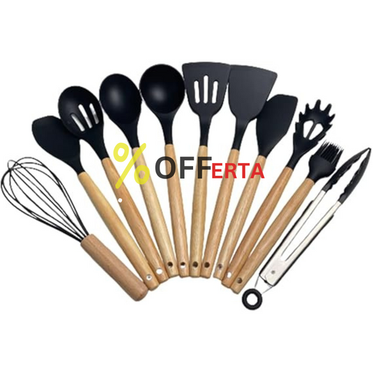 Set ustensile bucatarie 12 piese Lemn si Silicon alimentar Termorezistente Antiaderente Suport Blat negru