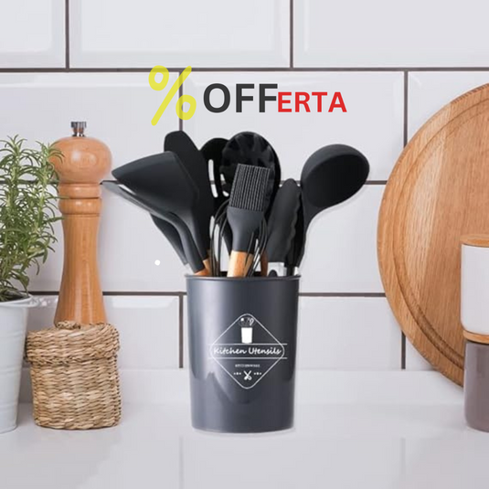 Set ustensile bucatarie 12 piese Lemn si Silicon alimentar Termorezistente Antiaderente Suport Blat negru