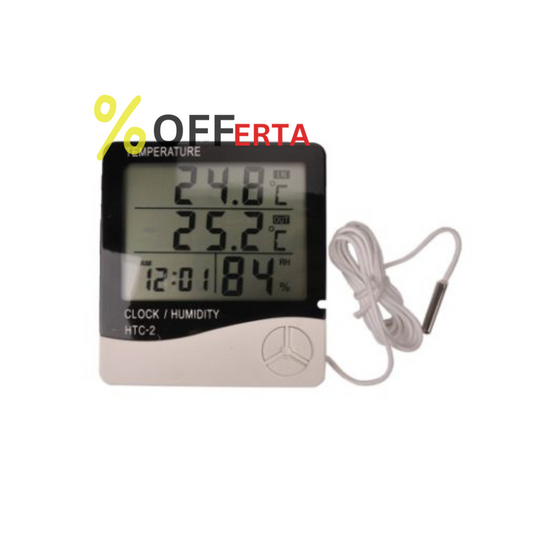 Termometru si Higrometru Digital de Camera HTC1, Design Slim, Ceas, Functie Min / Max, Baterie Inclusa AAA ,Suport Stand, Slim, Alb